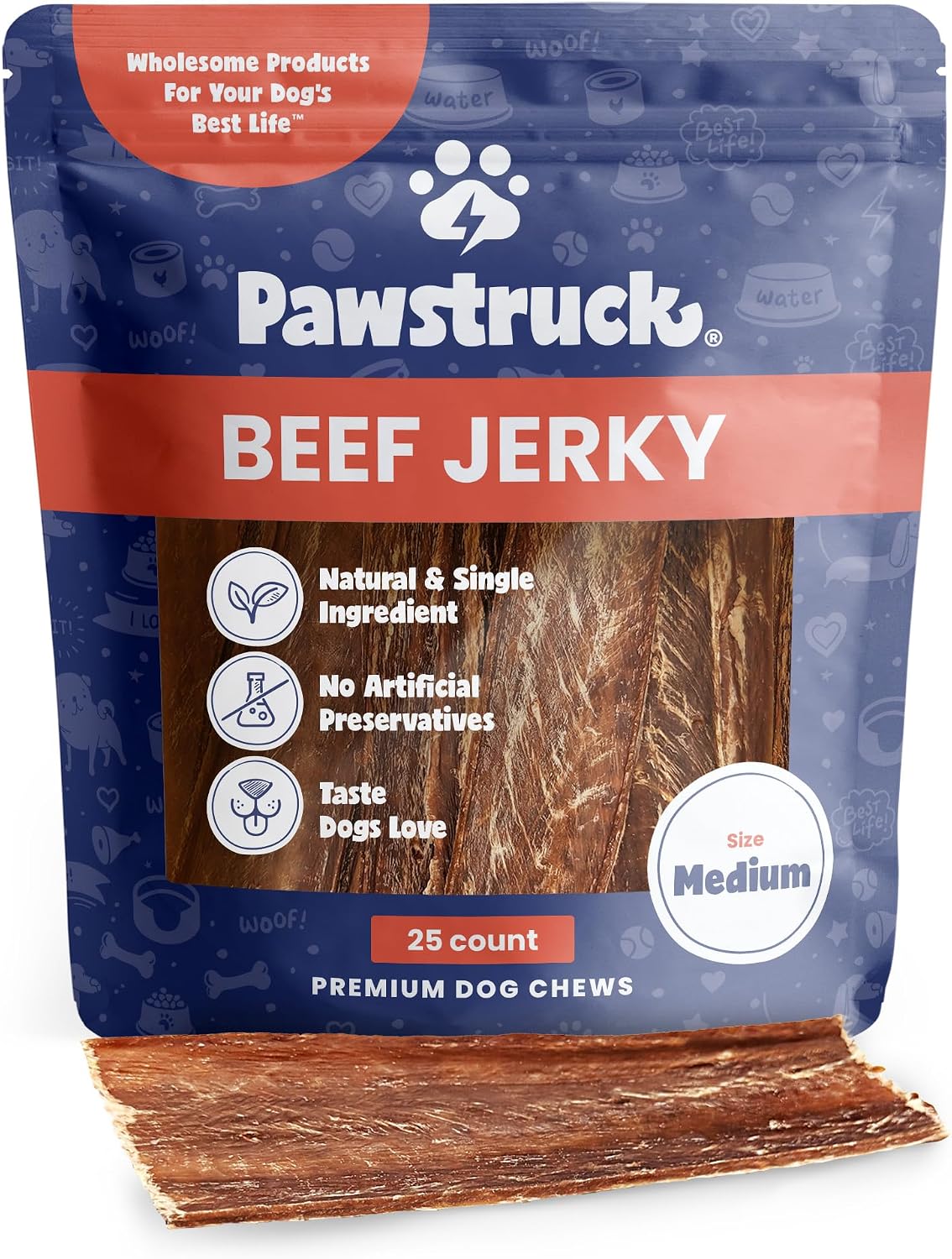 Pawstruck Premium Beef Jerky Dog Chews, 4"-6" Strips, 15 Count