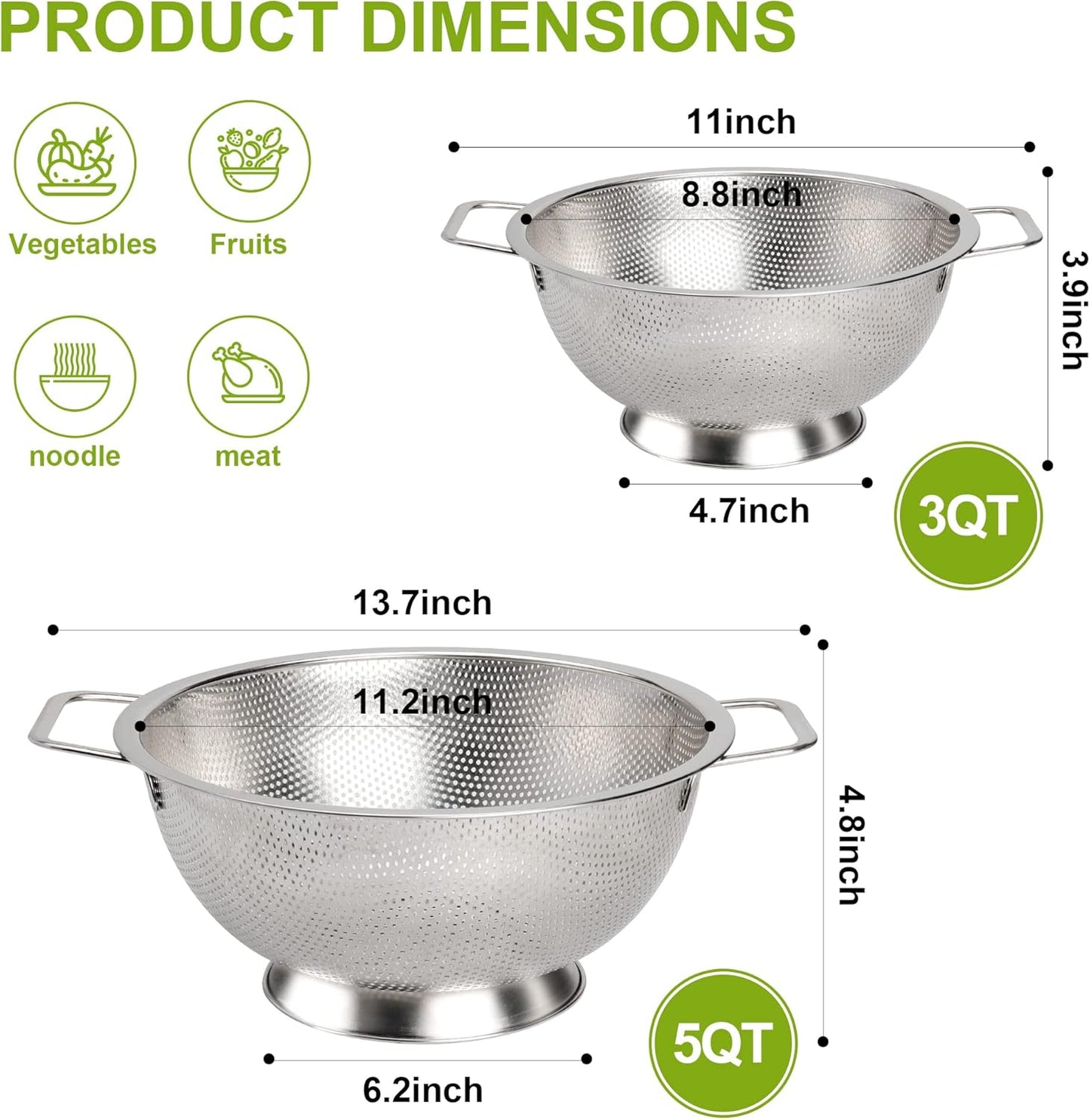 Gulex Colander Stainless Steel 3-Quart, Strainer Kitchen, Dishwasher Safe