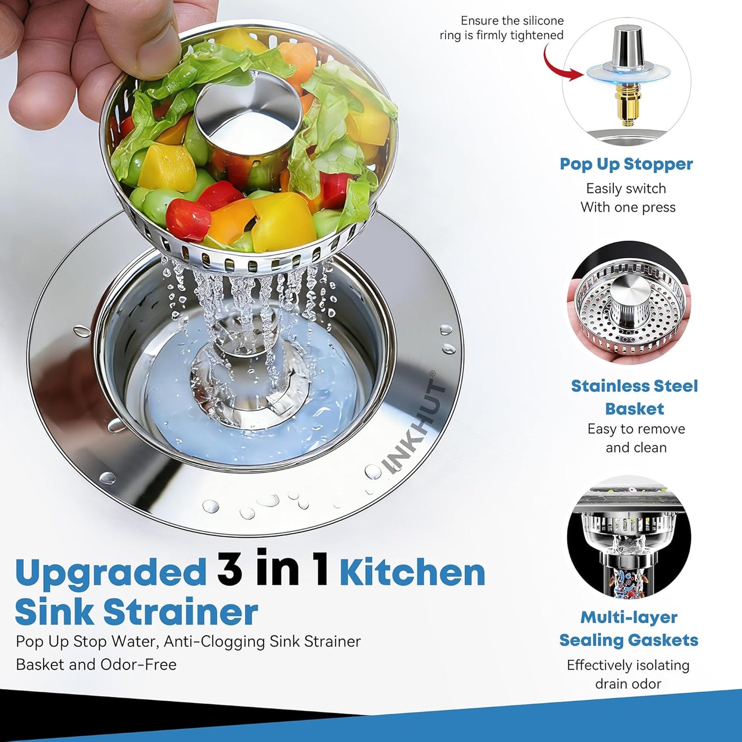 Upgraded 3 in 1 Kitchen Sink Drain Strainer - Stainless Steel Sink Stopper, Anti-Clogging Sink Food Catcher Basket, Fast Drainage Odor Filter Sink Plug for US Standard 3 1/2 inch Drain (Silver-1Pack)