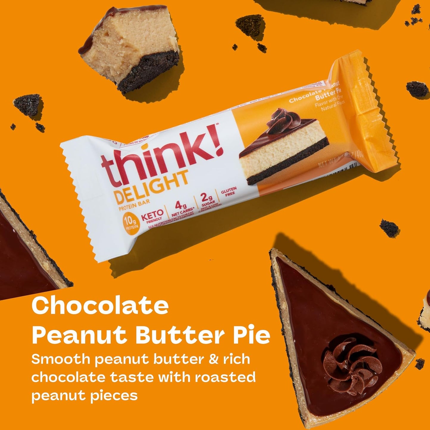 Delight Protein Bars, Chocolate Peanut Butter Pie, Low Sugar & Low Carb Gluten-Free Snack, Keto Friendly Snacks