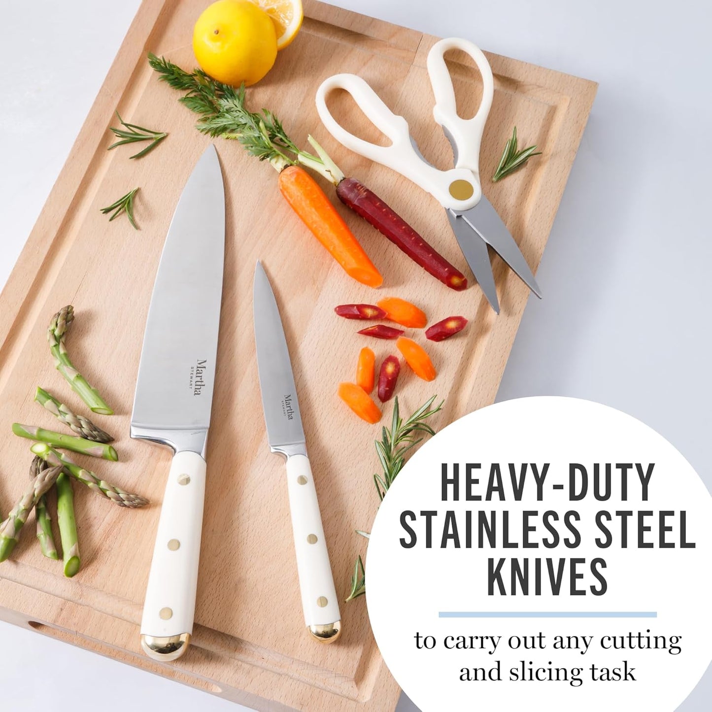 Martha Stewart Knife Block Set 16-Piece - Lockton High Carbon Stainless Steel Forged Full Tang Chef Knives, Acacia Wood Block, Triple Riveted Handles, Linen White & Gold