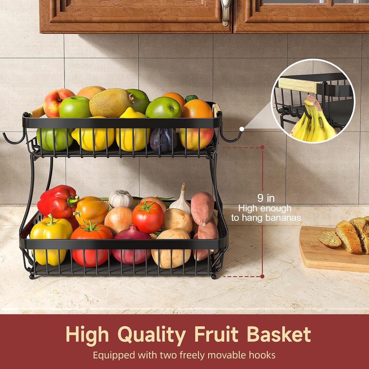 Sevenblue 2-Tier Fruit Basket with Banana Hangers, Detachable Metal Bowl | Wooden handle, protective mats included. Versatile holder for bread, snacks, and veggies. Large 2 tier metal design.