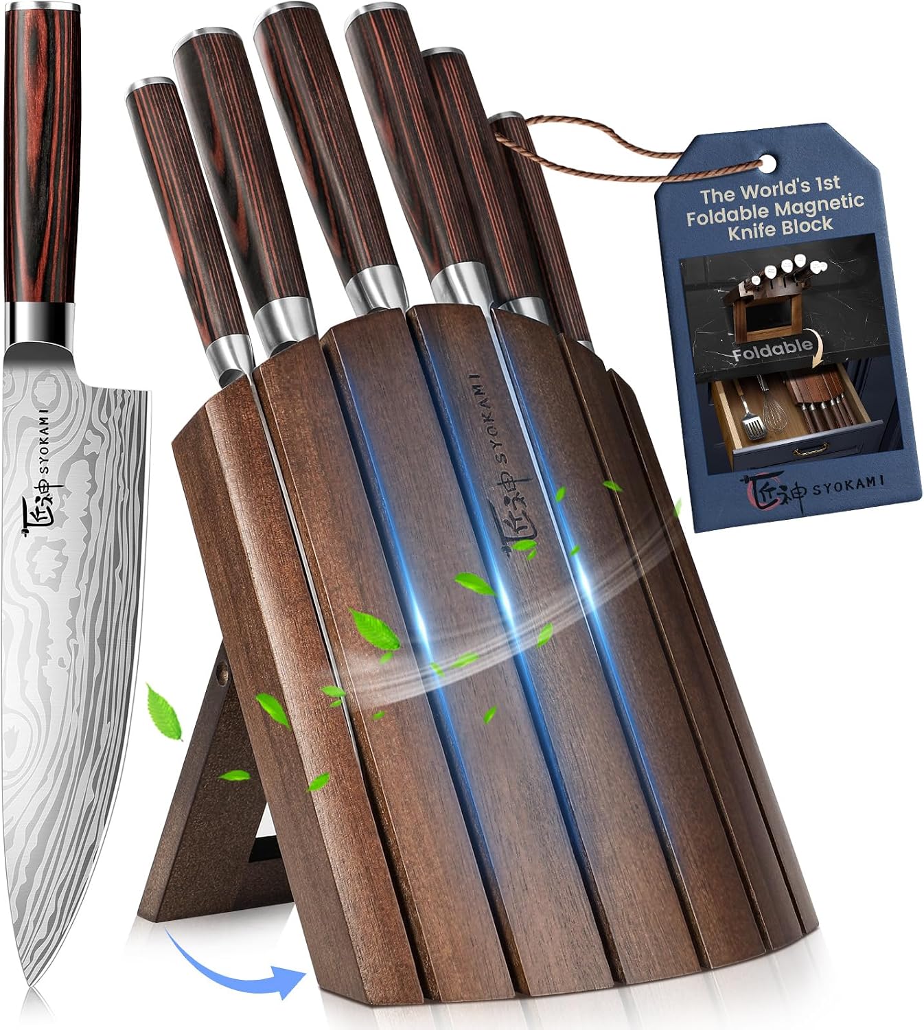 SYOKAMI 2026 Upgrade Knife Set 7 Piece Japanese Style Kitchen Knife Set With Foldable Magnetic Acacia Wood Block Sharp High Carbon Stainless Steel Chef Knives Set with Anti-slip Handle, Ideal for Gift