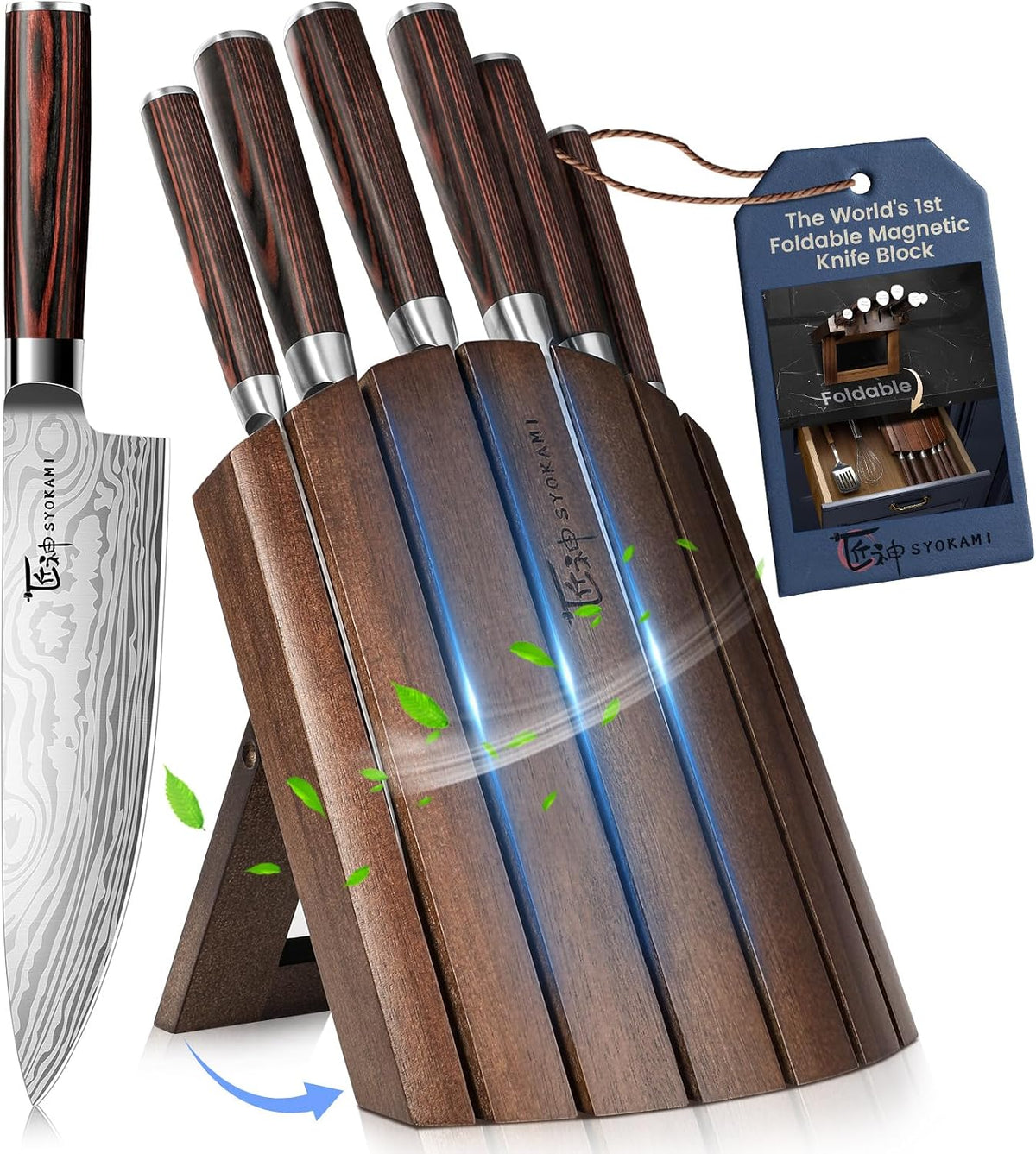 SYOKAMI 2026 Upgrade Knife Set 7 Piece Japanese Style Kitchen Knife Set With Foldable Magnetic Acacia Wood Block Sharp High Carbon Stainless Steel Chef Knives Set with Anti-slip Handle, Ideal for Gift