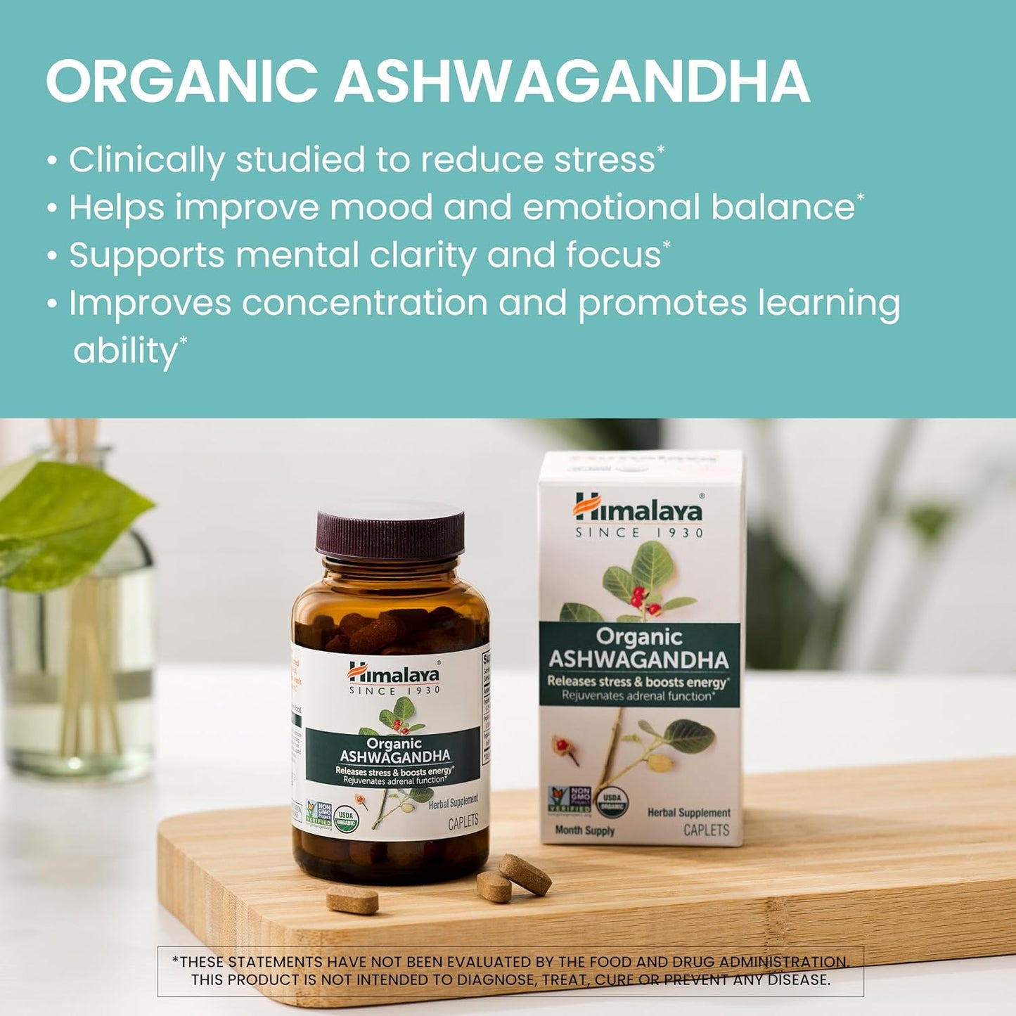 Himalaya Organic Ashwagandha Root, 2 Month Supply - Herbal Adrenal Support Supplements for Stress Relief and Energy Support - USDA Organic, Non-GMO, Vegan, Gluten Free, 670 mg, 60 Caplets