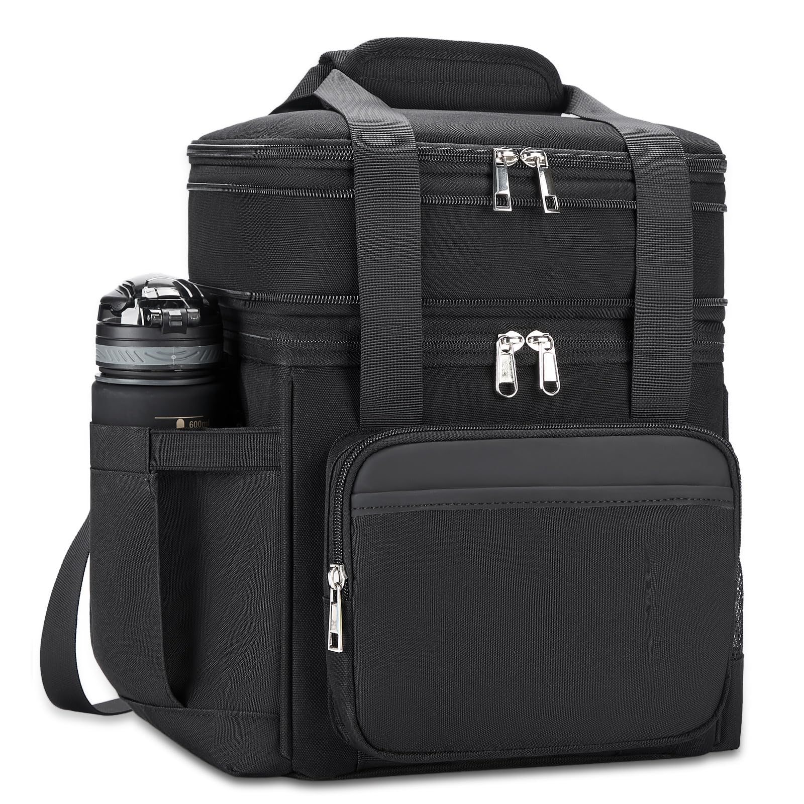 holuxer Insulated Lunch Bag & Lunch Box for Men - Double Deck Reusable Lunch Bag for Women Tote Cooler Bag Leakproof Soft Expandable - Large Lunchbox for Work/Adult/Picnic/Outdoor (Black，15L)