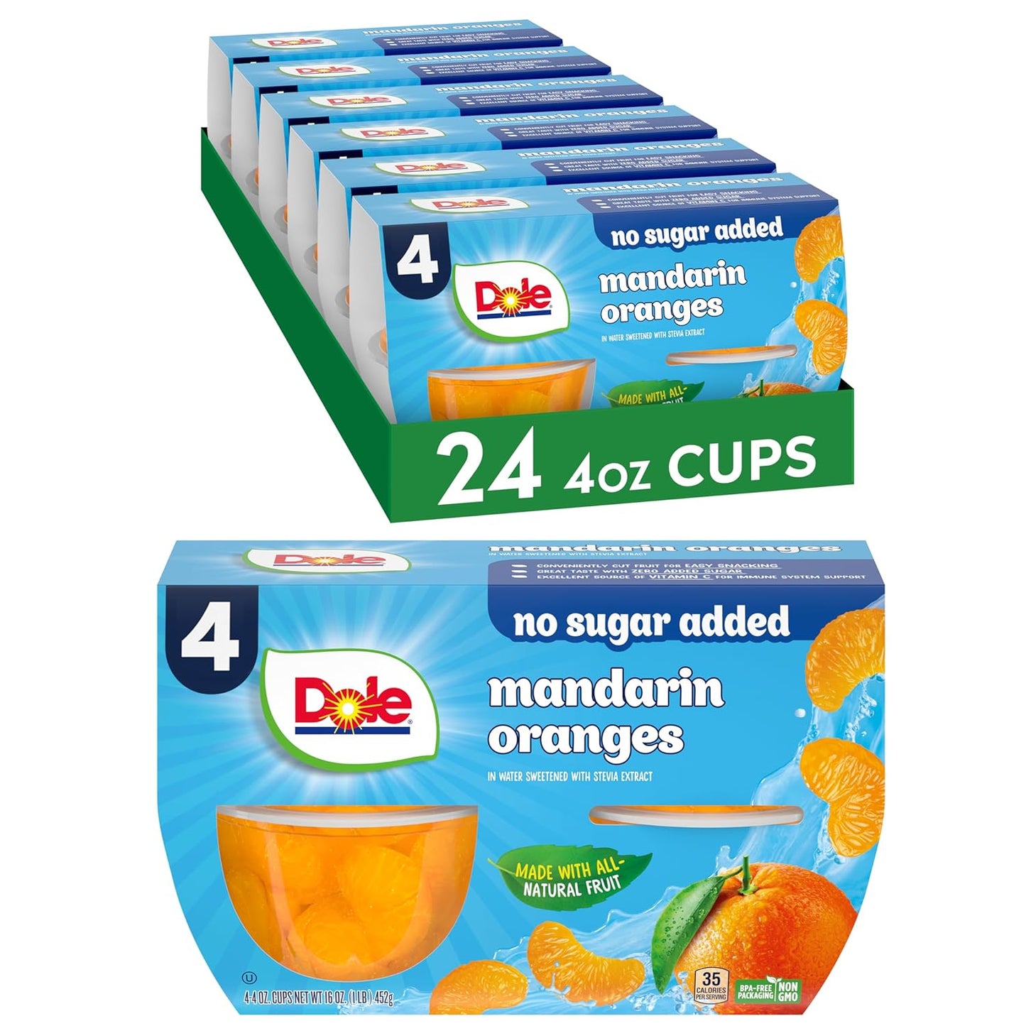 Dole Mandarin Oranges in 100% Juice Snacks, 4oz 12 Cups, Gluten & Dairy Free, Bulk Lunch