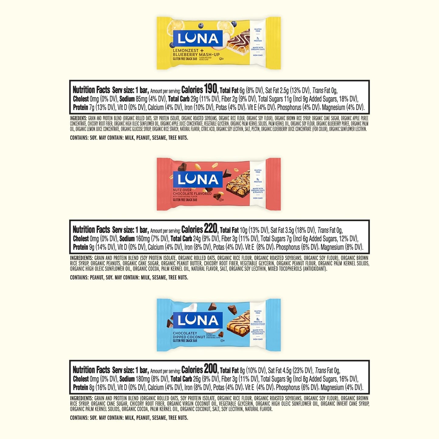 LUNA Bar Variety Pack 12 Count Gluten Free Non GMO Protein Bars