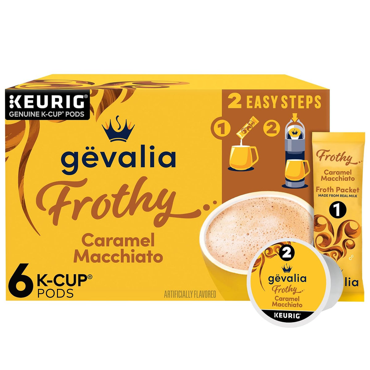 Gevalia Frothy Artificially Flavored Caramel Macchiato Espresso Style K-Cup Coffee Pods & Froth Packets Kit