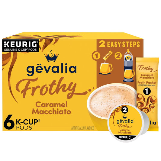 Gevalia Frothy Artificially Flavored Caramel Macchiato Espresso Style K-Cup Coffee Pods & Froth Packets Kit