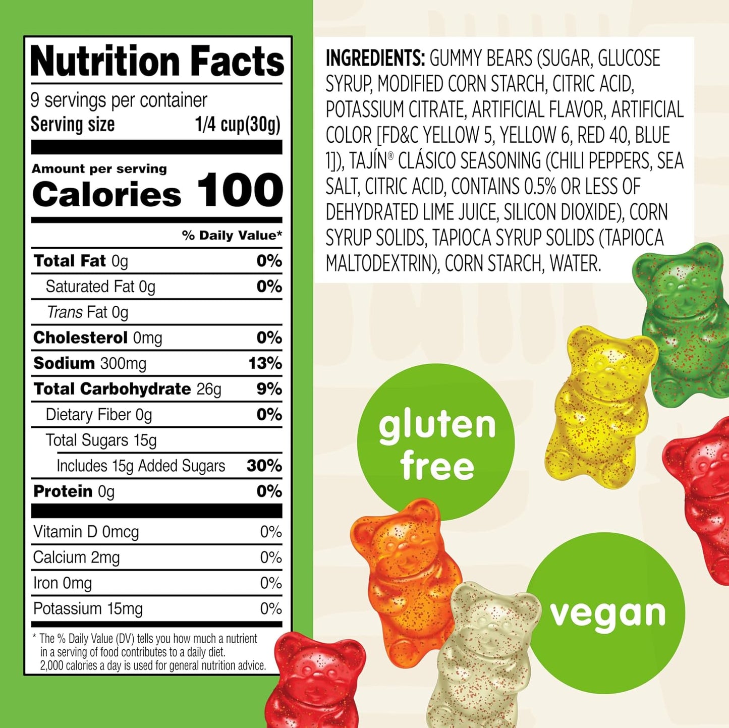 Snak Club Tajin Gummy Bears Assorted Fruit Candy Gummies 9 oz Resealable Bag