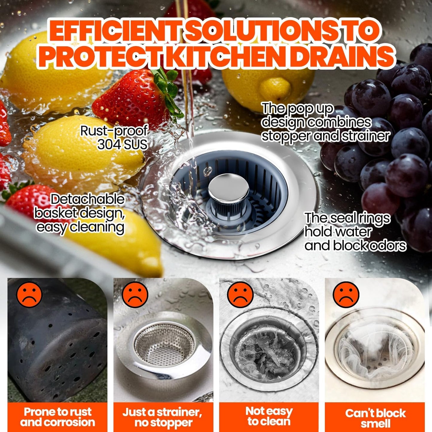3 in 1 Kitchen Sink Drain Strainer and Stopper Silver 1 Pack | Kitchen Sink Accessories Strainer Basket with Removable Insert - Stainless Steel Food Catcher, Easy Clean Pop-Up