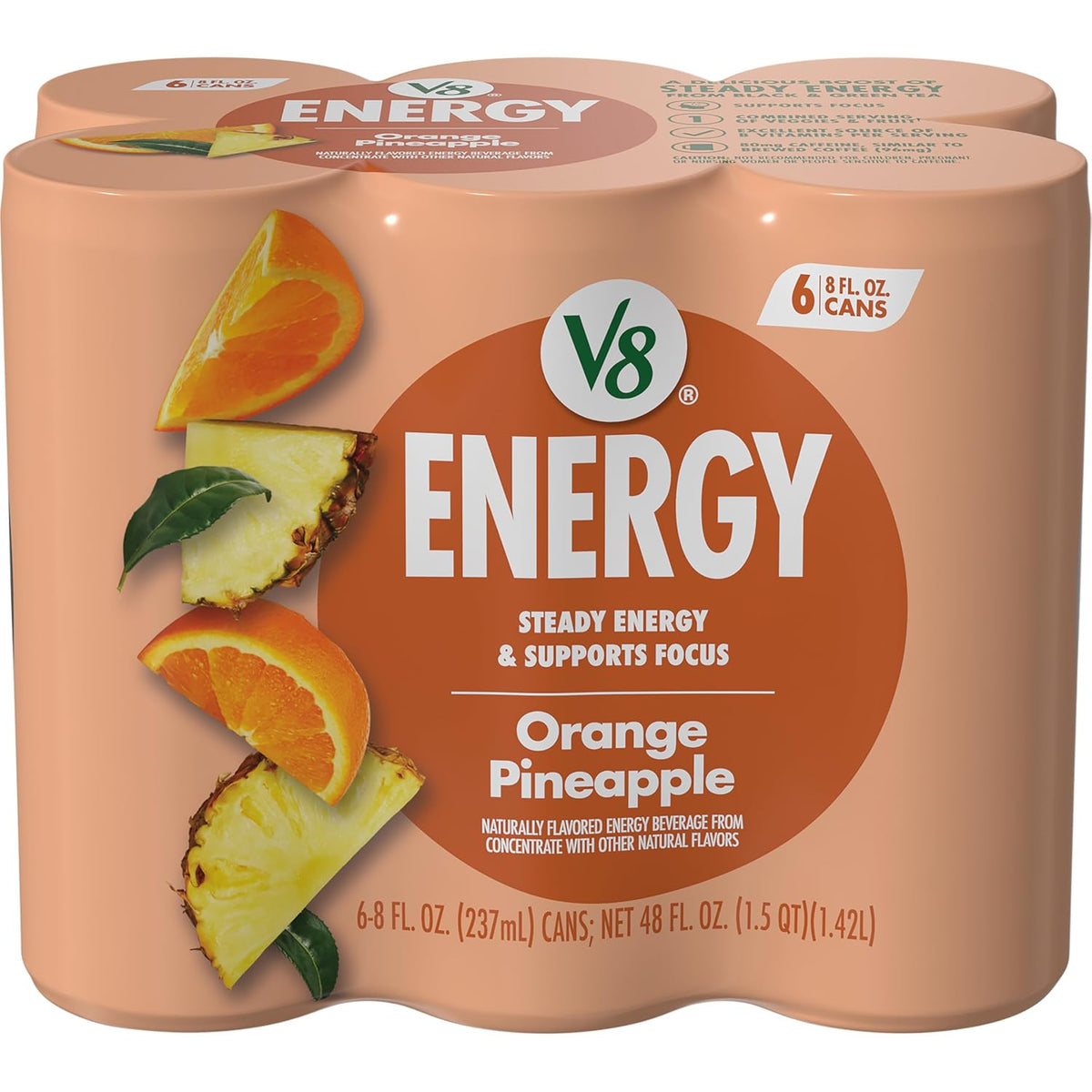V8 Energy Orange Pineapple Drink, 8oz Cans, 6-Pack, Caffeine, B Vitamins