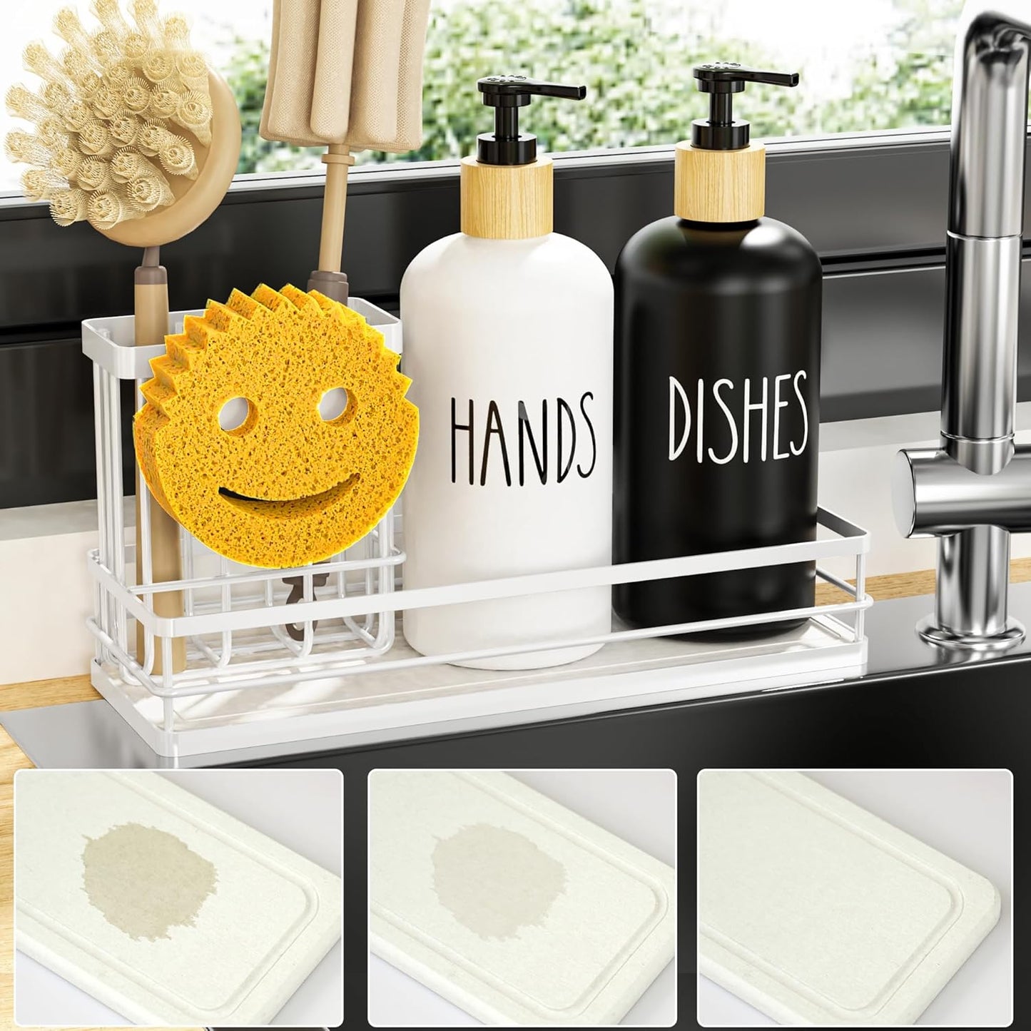 Moforoco Kitchen Dish Soap Dispenser Set, 16OZ Glass Bottle, Hand and Dish Soap Dispenser Set, Instant Dry Tray, Brush Holder with Smiley Face Sponge Holder (Black Tray+Black&White Bottle)
