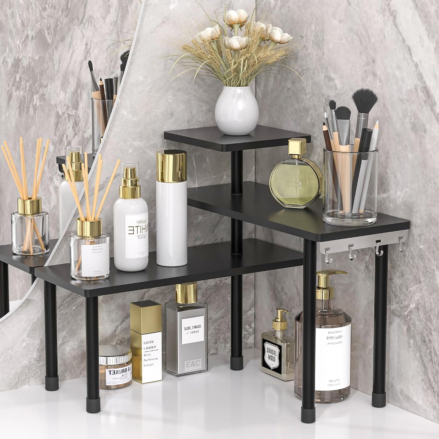 JayRex Kitchen Countertop Organizer 3-Tier Corner Shelf, Rustic Brown | Space-saving corner design organizes spices, skincare and toiletries on kitchen and bathroom counters.