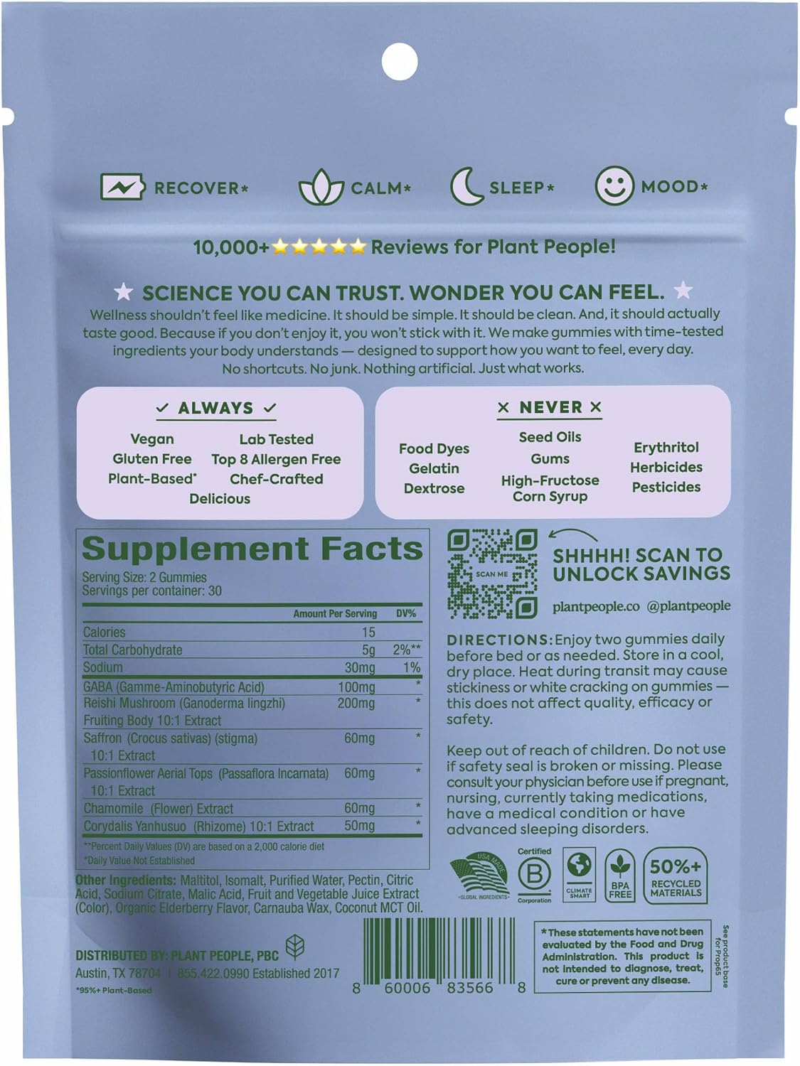 Plant People WonderSleep Mushroom Gummies Supplement for Sleep, No Melatonin Sleep Gummies with Reishi Mushroom, Saffron & Chamomile, Wild Elderberry Flavor, Sugar-Free (60 Count)