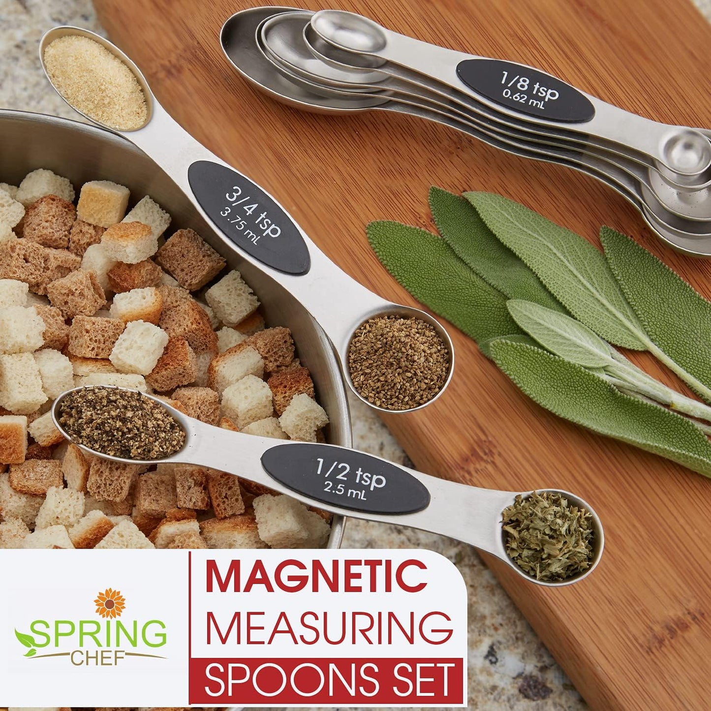 Spring Chef Stainless Steel Magnetic Measuring Spoons Set of 8, Black | Dual Sided Metal Teaspoon & Tablespoon Measuring Spoons with Leveler for Dry & Liquid Ingredients, Nesting, Dishwasher Safe