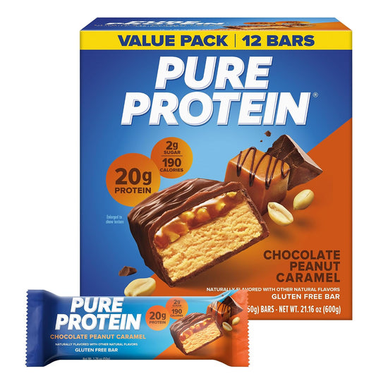 Pure Protein Chocolate Peanut Caramel Bars - 20g Protein, 3g Sugar, 190 Calories, 12 Count, Gluten Free
