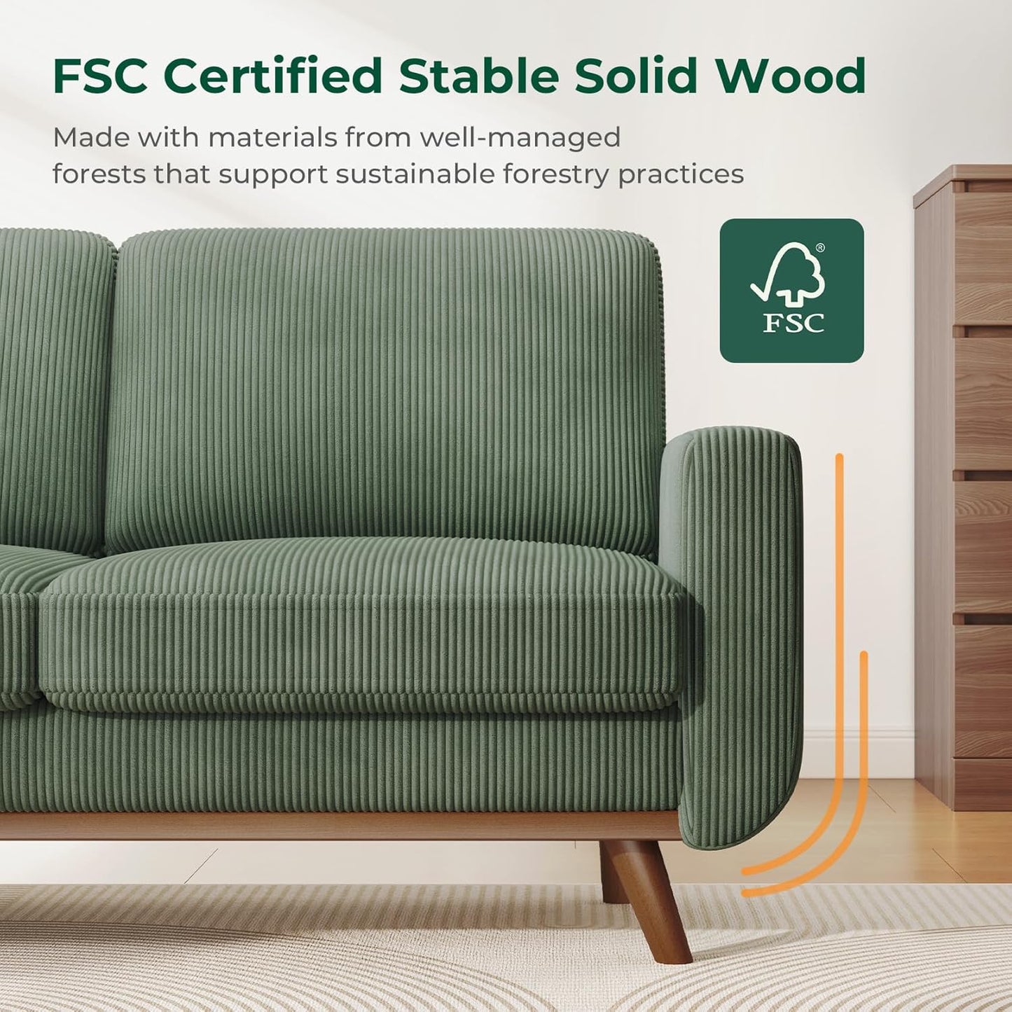 Vesgantti 68" Loveseat Sofa - Green, Comfy Corduroy with Spring Cushion, Solid Wood Frame, Modern Deep Seat, Bedroom & Living Room, Office Couch