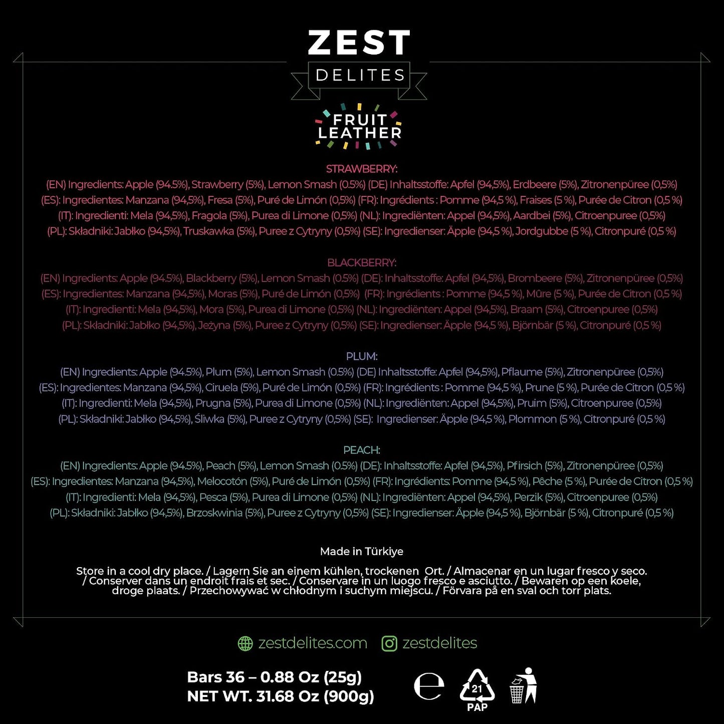 Fruit Snacks by Zest Delites, Apple-Based Strips, 36 Pieces, 0.88 oz Each