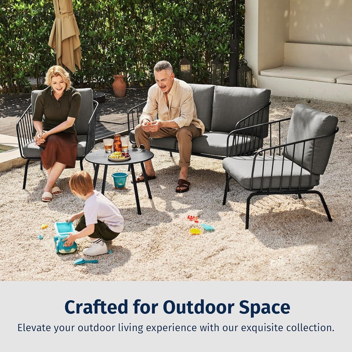 EAST OAK 4-Piece Plaza Patio Furniture Set, Outdoor Furniture for Balcony, Poolside, and Yard, with Thick Cushion Sofa and Coffee Table, Modern Patio Conversation Set, Black & Grey