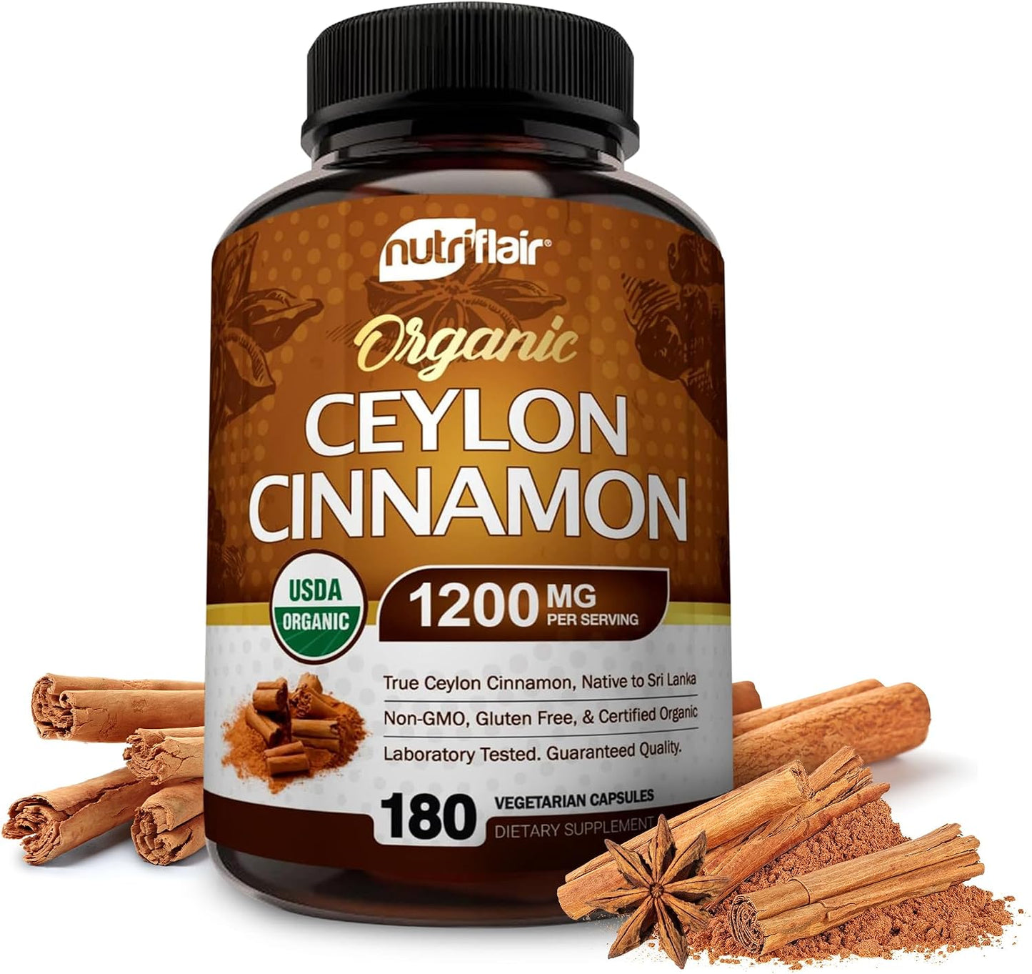 NutriFlair Organic Ceylon Cinnamon Supplement 1200mg, 120 Capsules - USDA Certified - Non-GMO, Gluten Free Powder, Antioxidant Pills