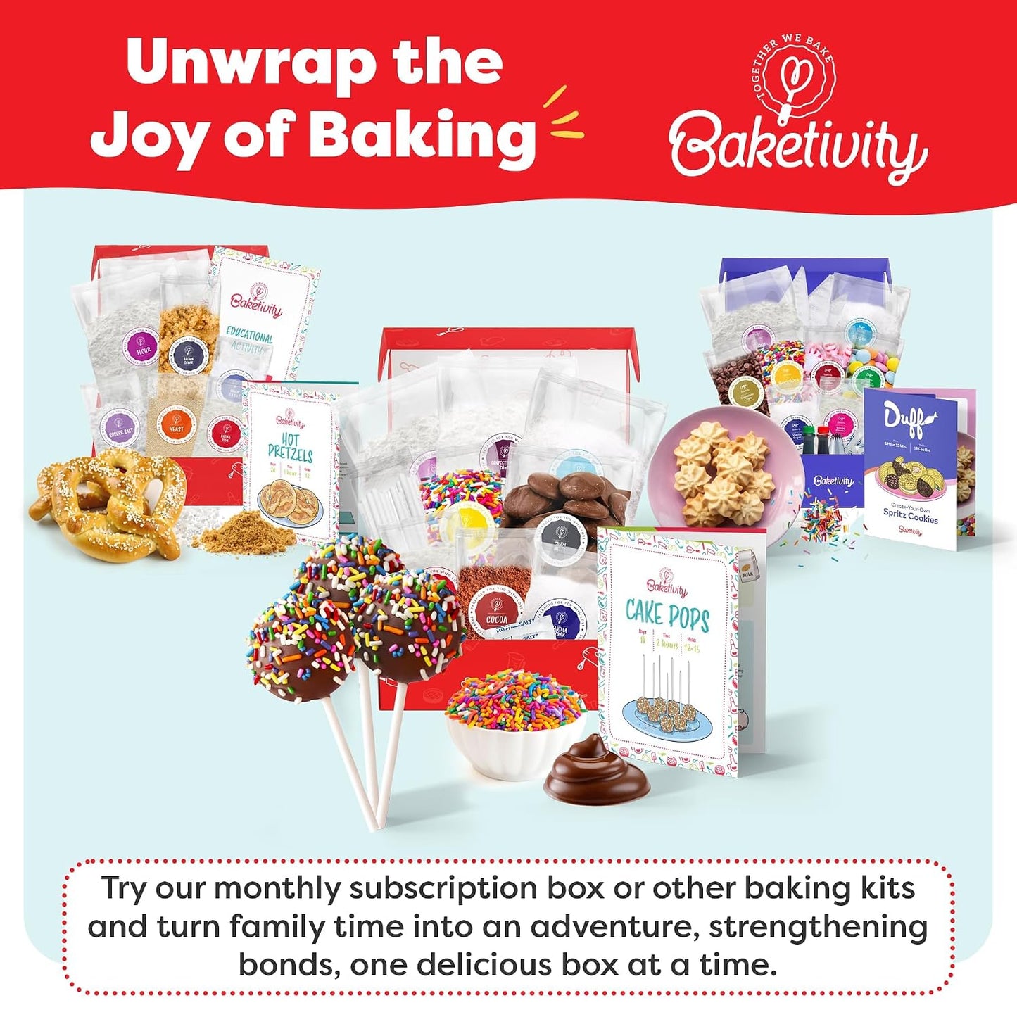 Baketivity DIY Cake Pop Kids Baking Kit with Pre-Measured Ingredients | Bake 10–12 Treats with Decorating Supplies, Activity Book, and Simple Recipe Gift Idea for Boys and Girls Ages 4-12