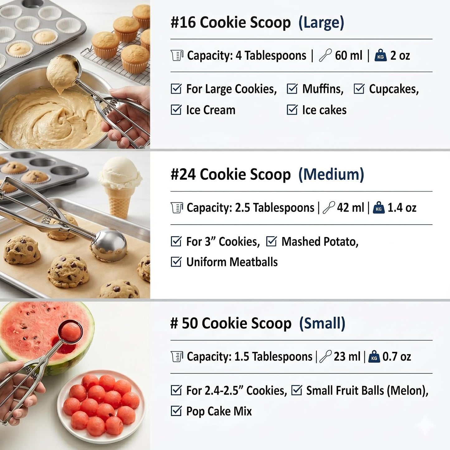 Ice Cream Scoop, 3Pcs Cookie Scoop Set, 18/8 Stainless Steel Cookie Dough Scoop, Cookie Scoops for Baking Set of 3, Ice Cream Scooper with Trigger Release, Cookie Scooper for Baking