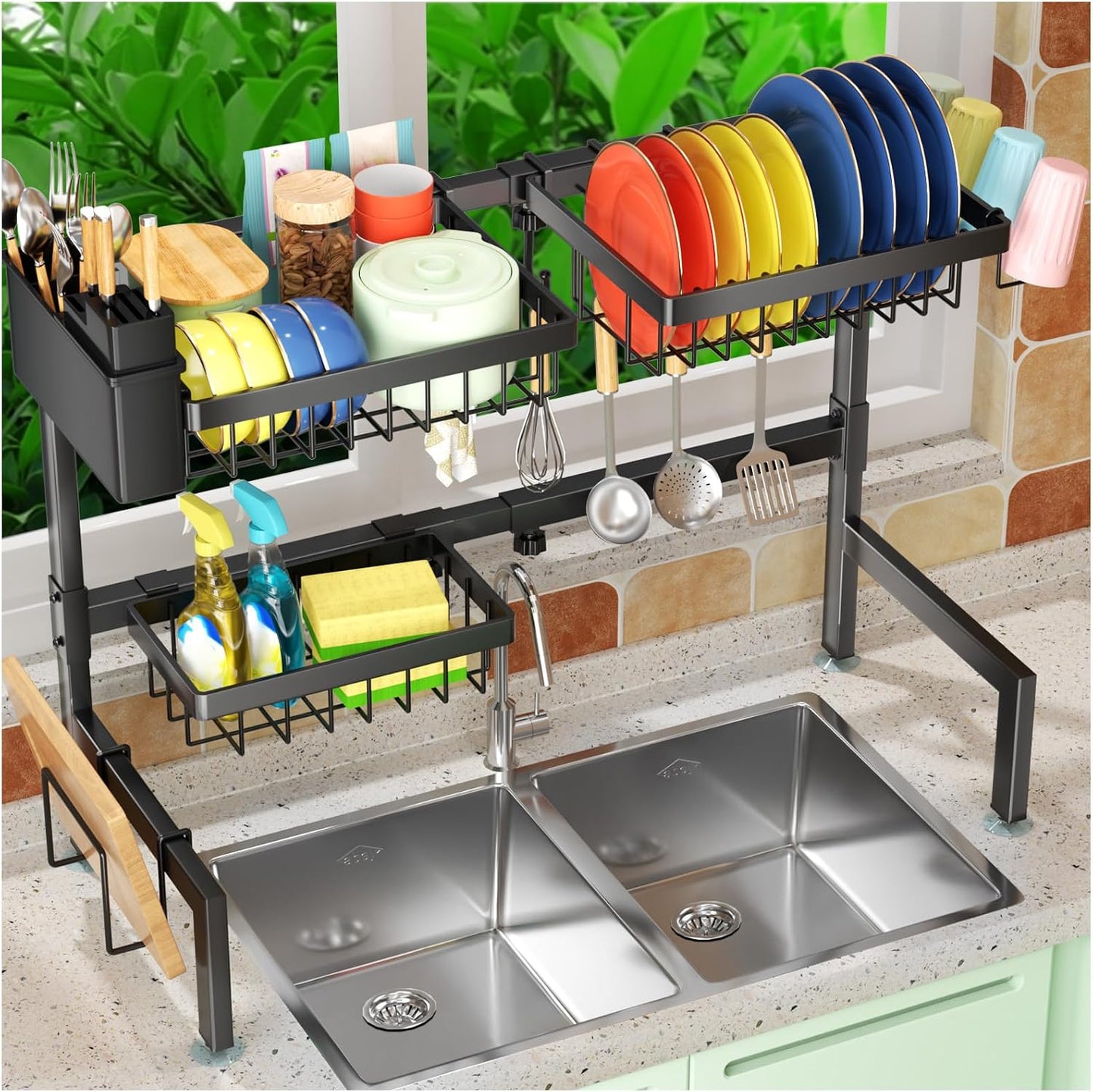 SNSLXH 4 Baskets 2-Tier Over The Sink Dish Drying Rack, 26.57"-35" | Large Dish Drying Rack for Kitchen, Extensible and Adjustable, Saving Kitchen Space