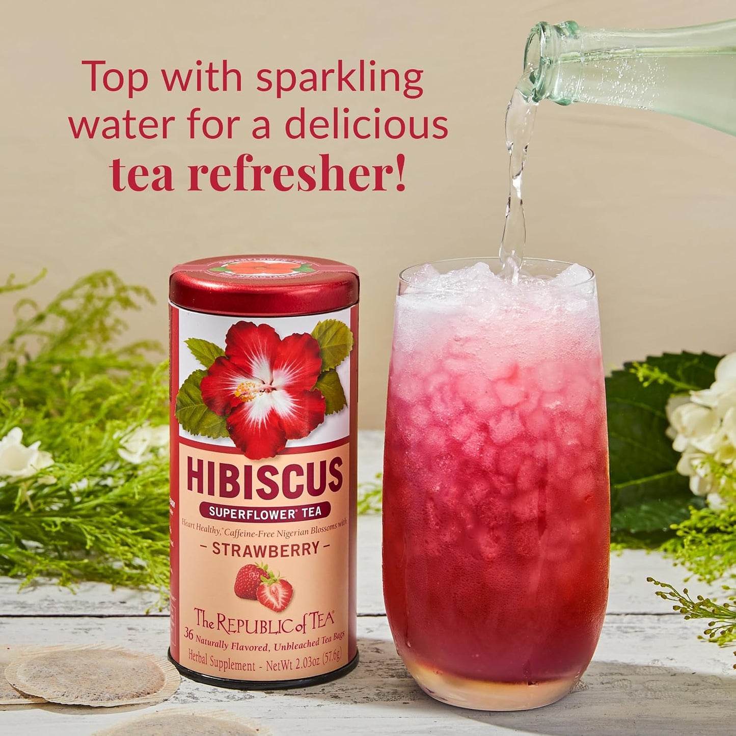 The Republic of Tea Hibiscus Strawberry Tea 36 Tea Bags Herbal Blend Caffeine Free Gluten Free