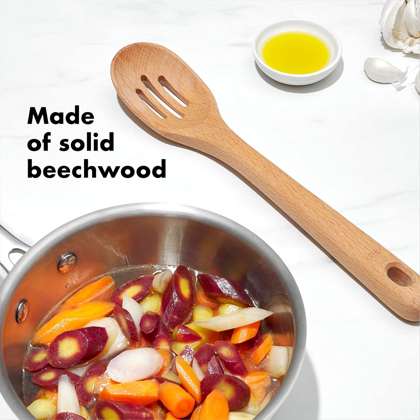 OXO Good Grips 3‑Piece Wooden Utensil Set, Solid Beachwood Spoon, Slotted Spoon and Turner