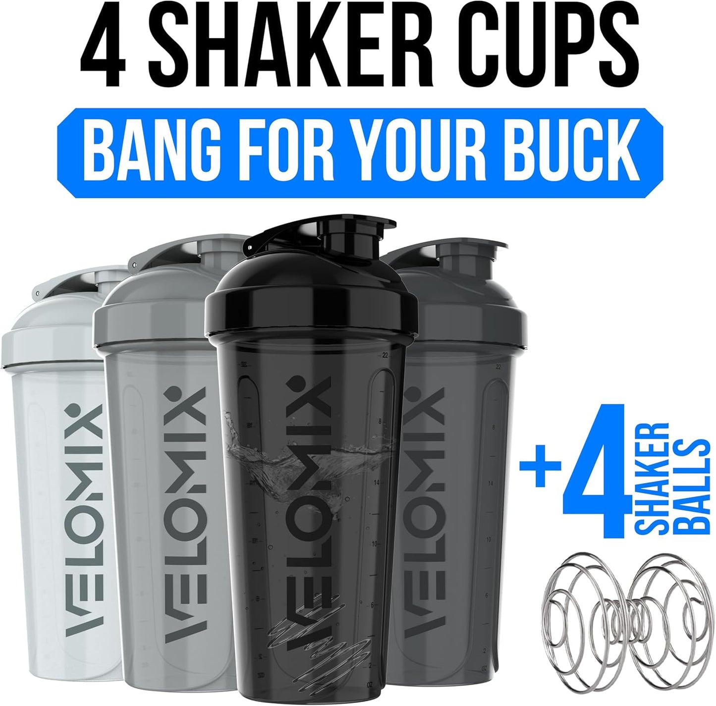 VELOMIX 28oz Protein Shaker Bottles - 4 Pack, Leak Proof