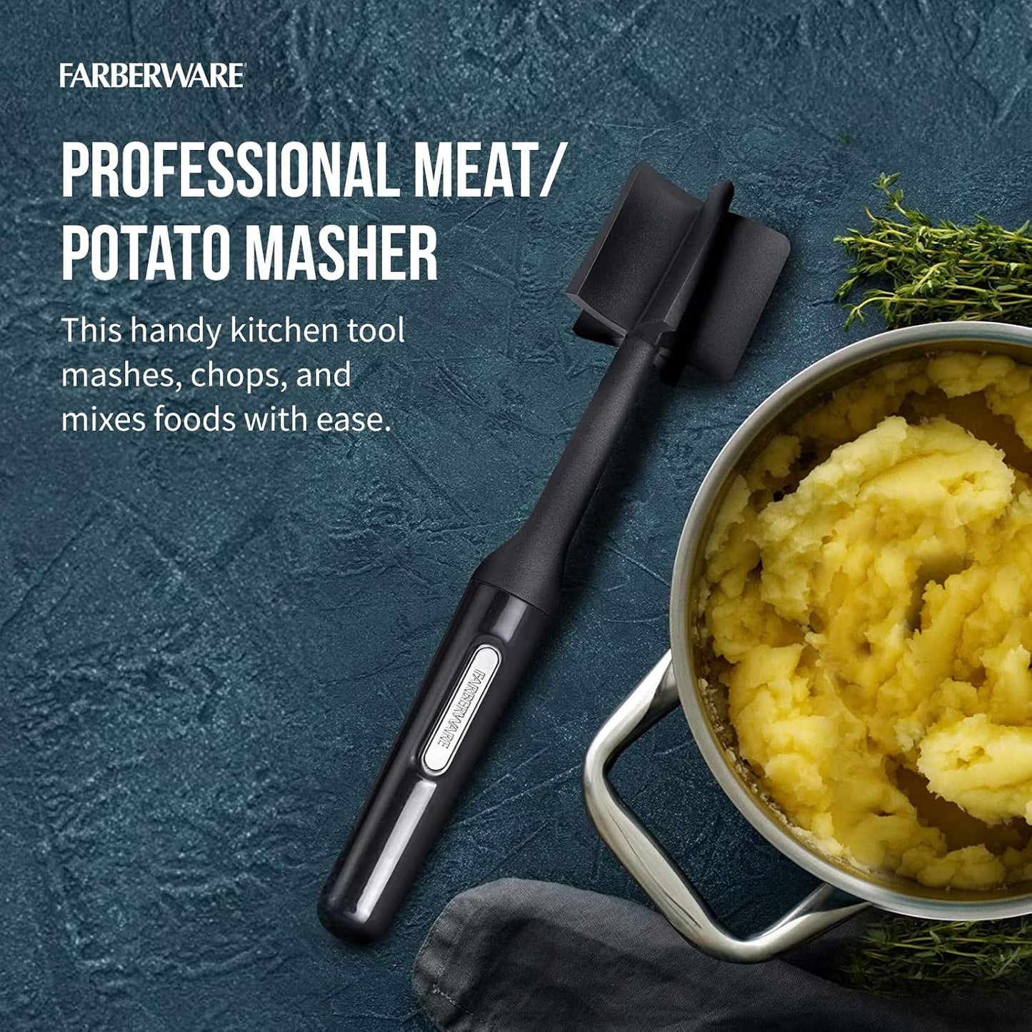 Farberware Meat Masher and Chopper Tool with 5 Beveled Blades - Ground Beef Chopper, Potato Masher, Batter Stirrer - Heat Resistant to 450 F, Dishwasher Safe