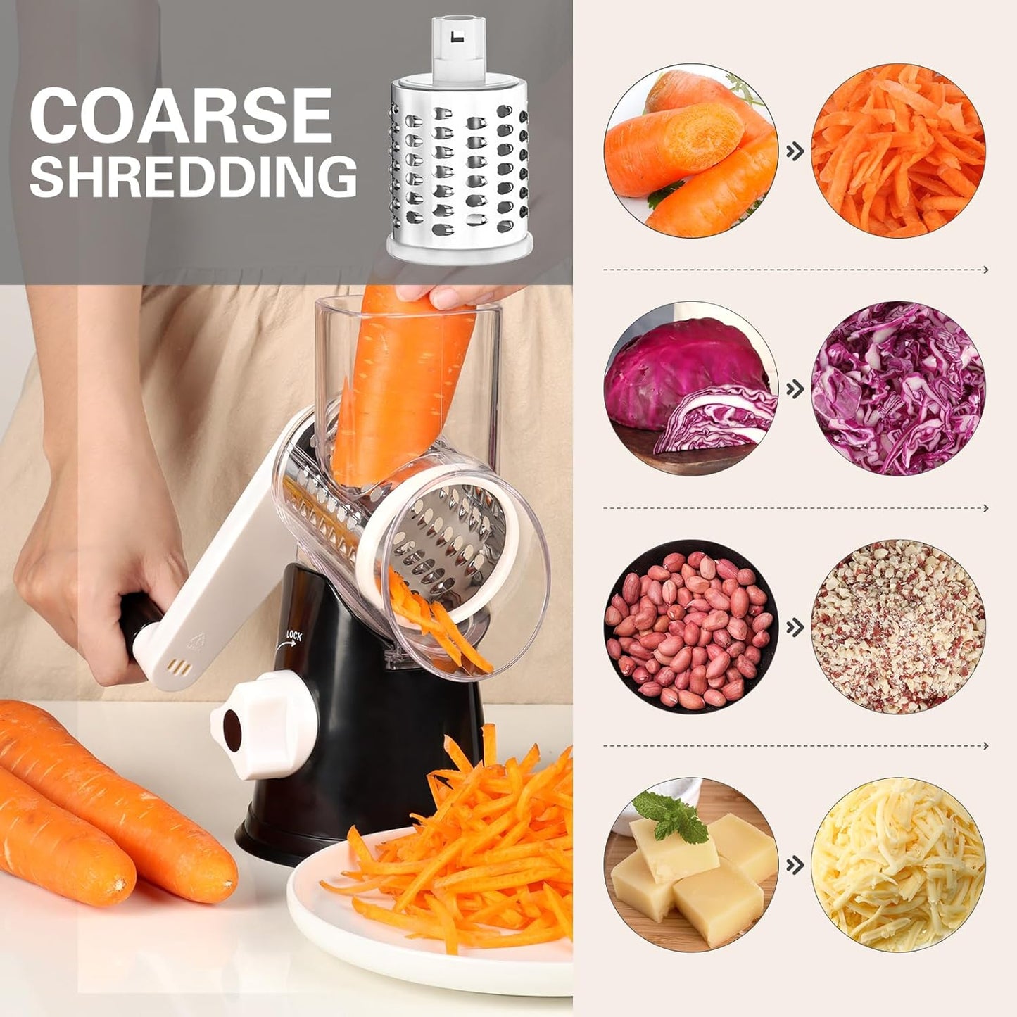 Cambom Rotary Cheese Grater Hand Crank Cheese Shredder, Black | for Fresh Cheese, Vegetable, Nuts,Non-slip Suction Base, Three Blades