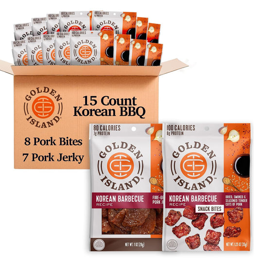 Golden Island Korean BBQ Variety Pack with 15 Pack of Pork Snack Bites and Jerky