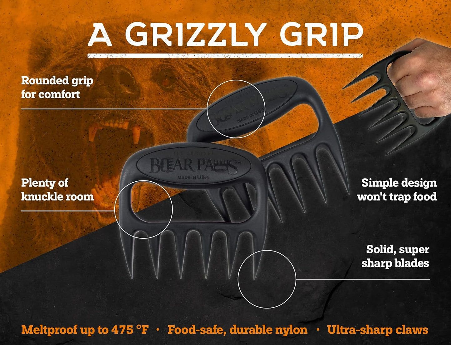The Original Bear Paw Meat Shredder - Claws for Shredding Pork, Chicken & Any Meat (Black) | Shredder Claws for Pulled Pork, USA Made - Easily Lift, Shred, Pull and Serve Pork, Chicken, Brisket and Turkey