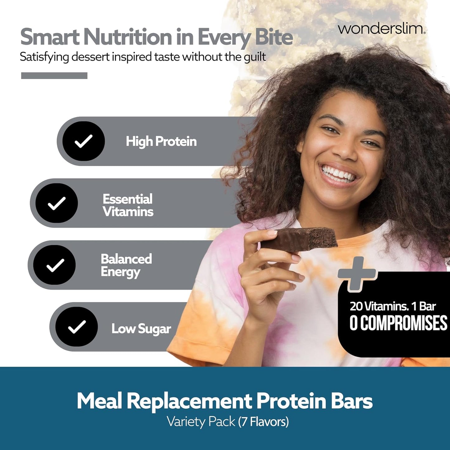 WonderSlim Meal Replacement Protein Bar Variety Pack 15g Protein 20 Vitamins and Minerals