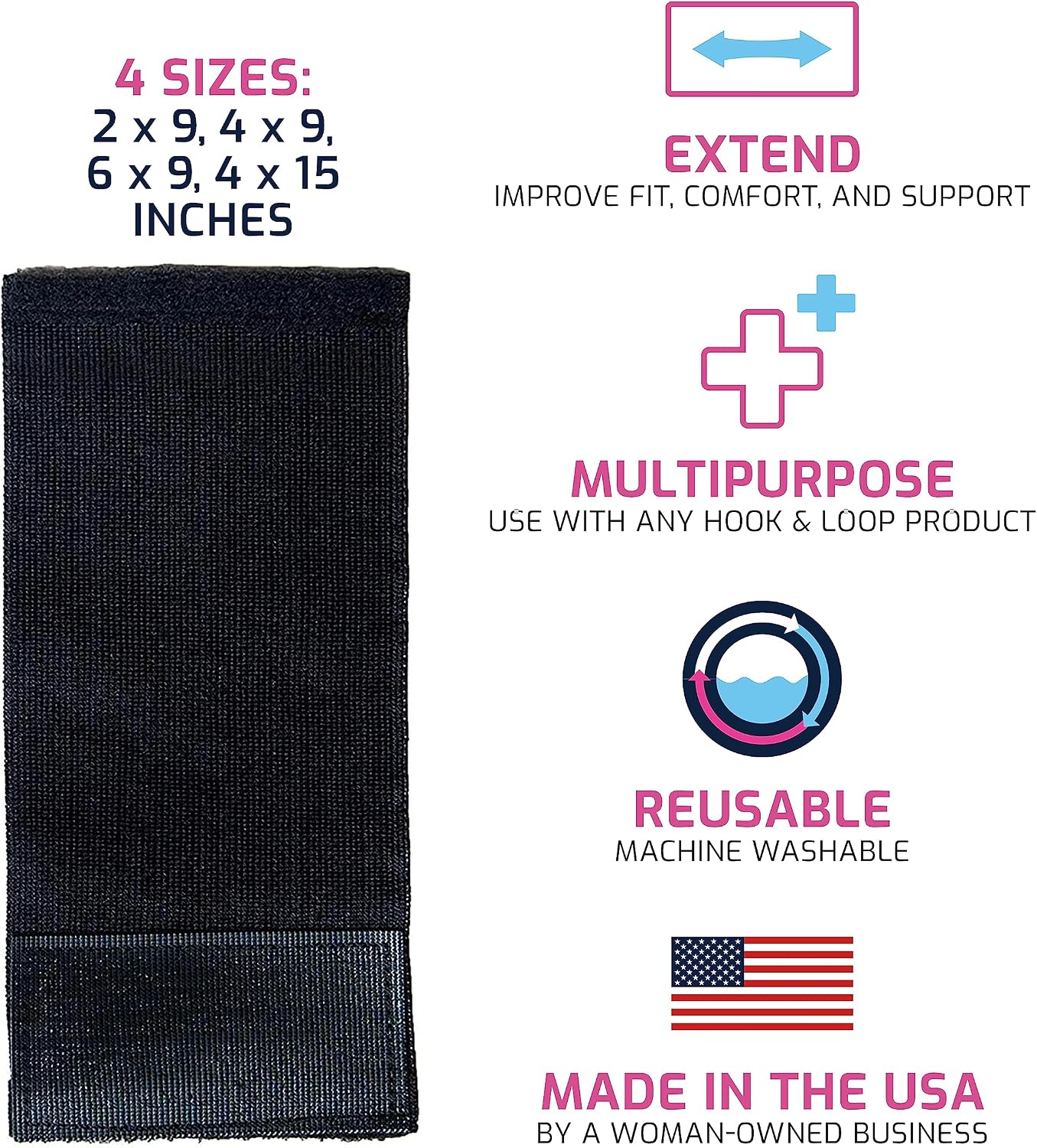 Multipurpose Elastic Hook and Loop Extender Strap 2 x 9 Inches Made in USA