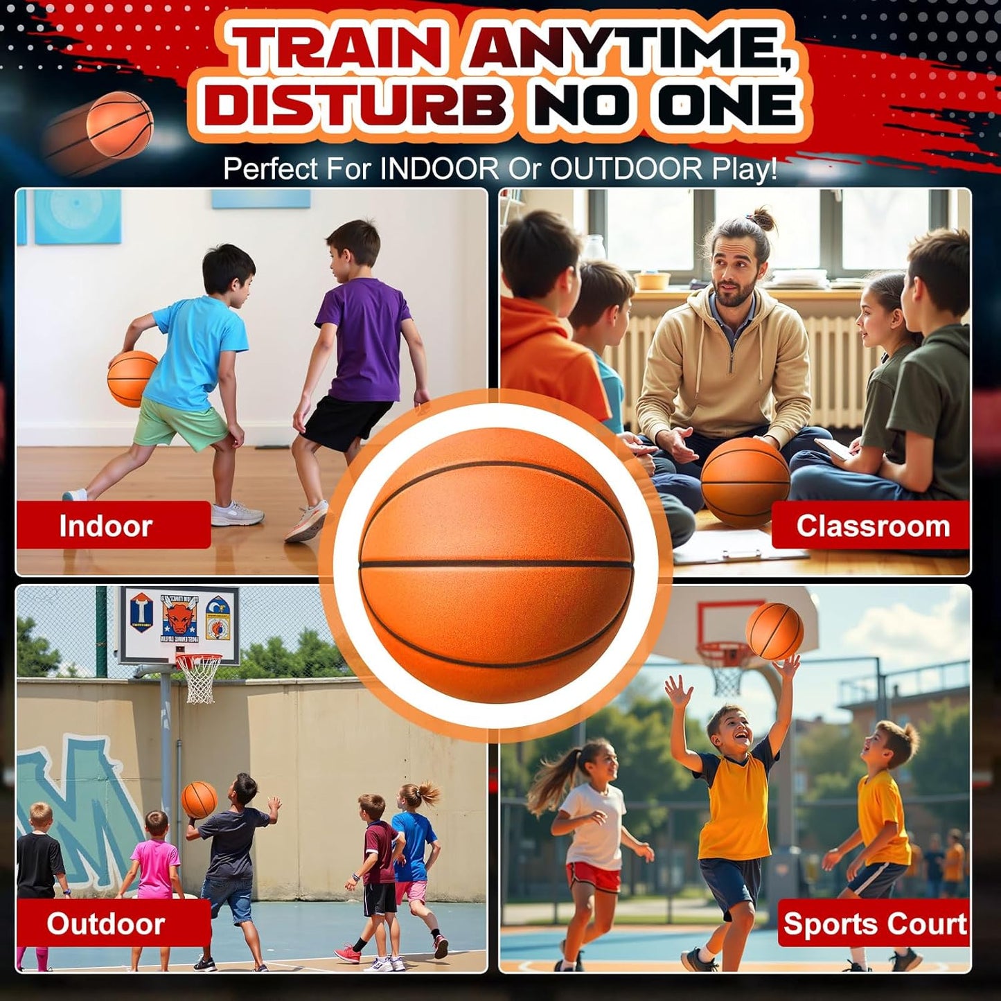 Silent Basketball Size 7 (29.5") – Grooved Airless Indoor Basketball for Quiet Dribbling and Indoor Training, Pro PU Foam Ball – Real Feel Higher Bounce Quieter