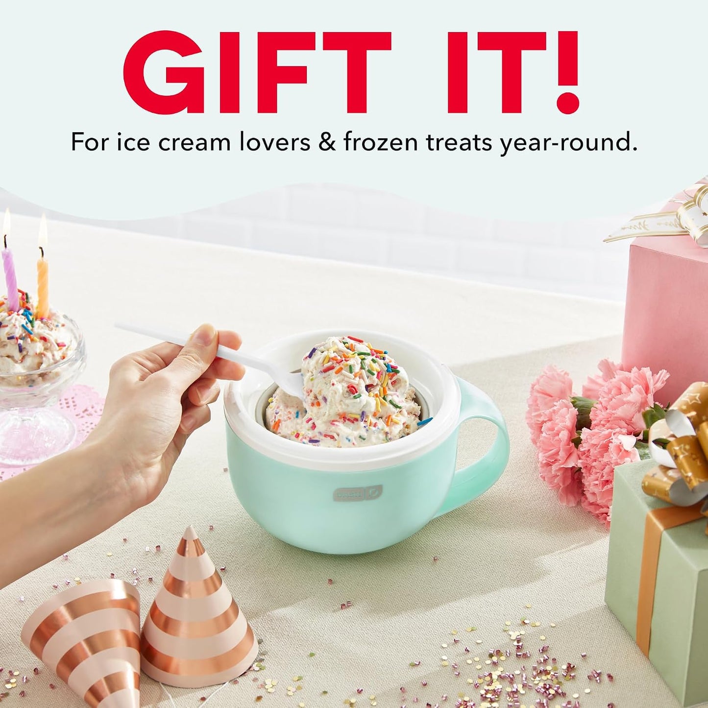 Dash My Mug Ice Cream Maker Bundle, 2 Half-Pint Freezer Mugs, Aqua | Electric Soft Serve Ice Cream Machine Set, Ingredient Chute, Single Serve Freezer Bowls, Countertop Frozen Treat Maker