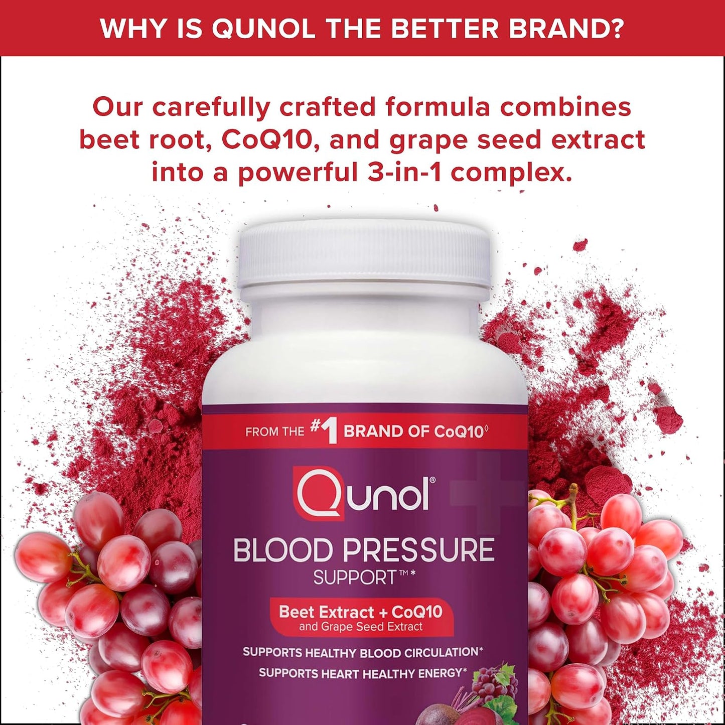 Qunol Blood Pressure Support, 3 in 1 Beets + CoQ10 + Grape Seed Extract, Beet Root Capsules that Supports Healthy Blood Circulation & Heart Healthy Energy, 60 Count (Pack of 1)