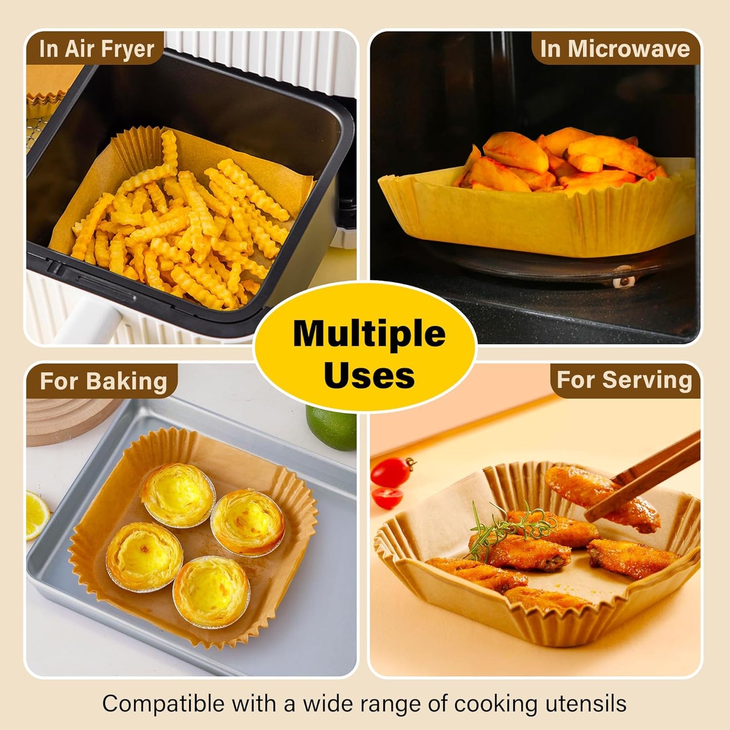 Air Fryer Liners Disposable, 125Pcs Parchment Paper, 8 Inch Non-stick Air Fryer Paper Liners, Unbleached Square Airfryer Liners for 5-8QT Air Fryer, Baking, Roasting Microwave