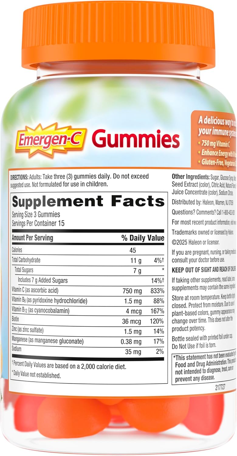 Emergen-C 750mg Vitamin C Gummies for Adults, Immunity with B Vitamins, Gluten Free