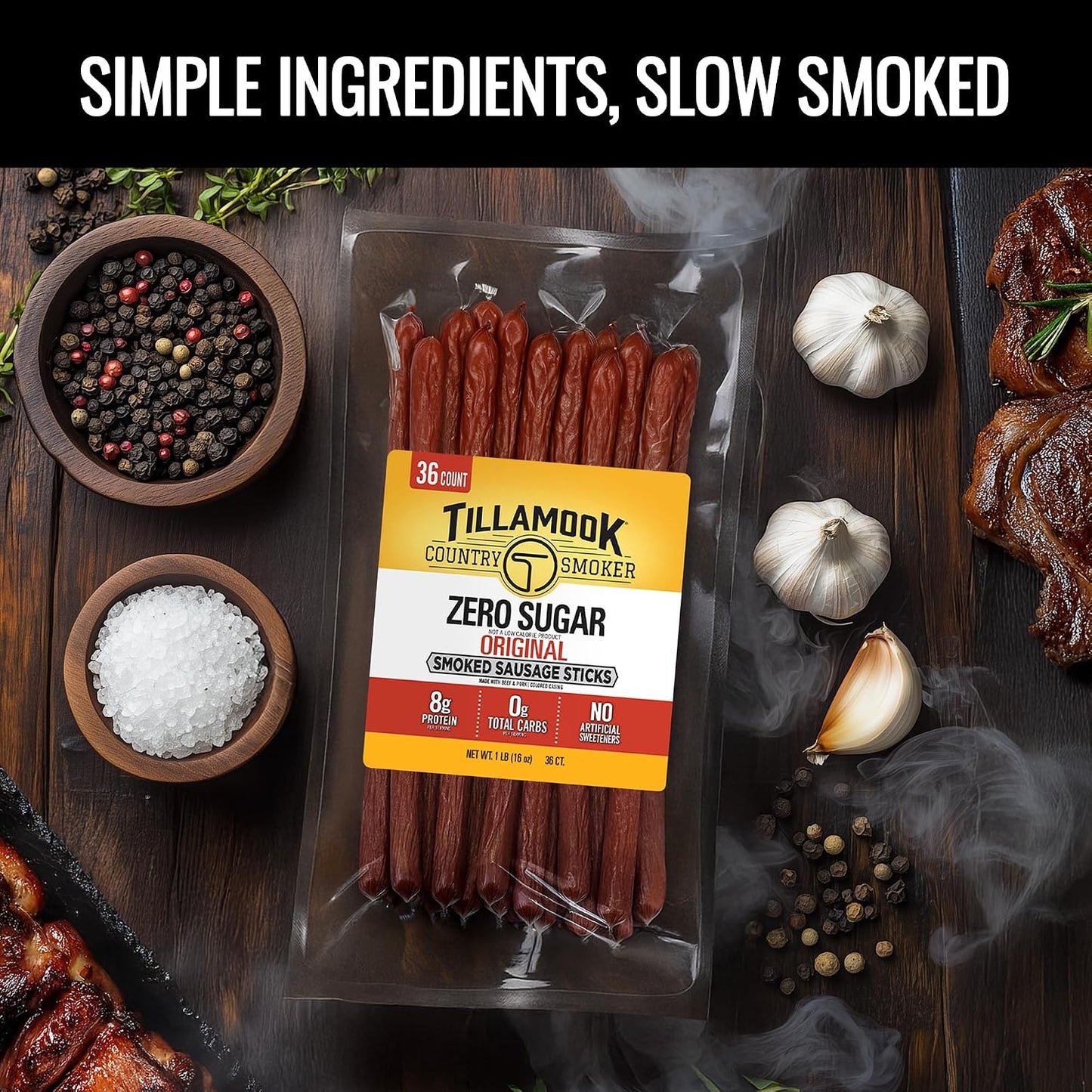 Tillamook Country Smoker Smoked Sausage, Zero Sugar, Original, 16 Ounce, 36 Count Meat Sticks
