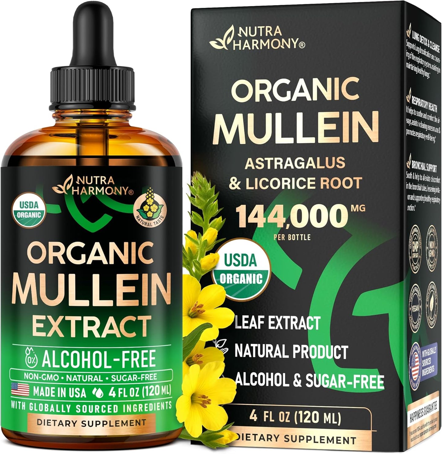 Mullein Drops for Lungs - USDA Organic Liquid - Mullein Leaf Extract Supplement - for Women & Men - Lung & Bronchial Cleanse for Smokers - Respiratory Health Support - As Tincture, Tea, Pills - 4 oz