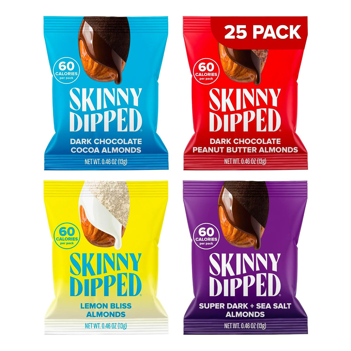SkinnyDipped Snack Attack Minis Almond Variety Pack, 25 Individually Wrapped Mini Bags