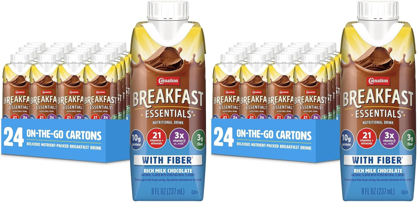 Carnation Breakfast Essentials Ready to Drink with Fiber, Rich Milk Chocolate, 8 FL OZ Carton (Pack of 24)
