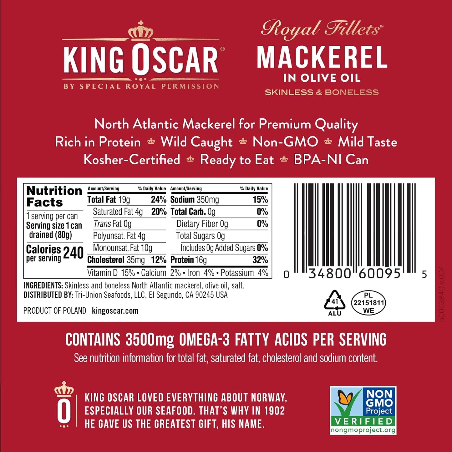 King Oscar Skinless & Boneless Mackerel in Olive Oil, 4.05 Oz Cans, Wild Caught, Keto & Paleo Friendly