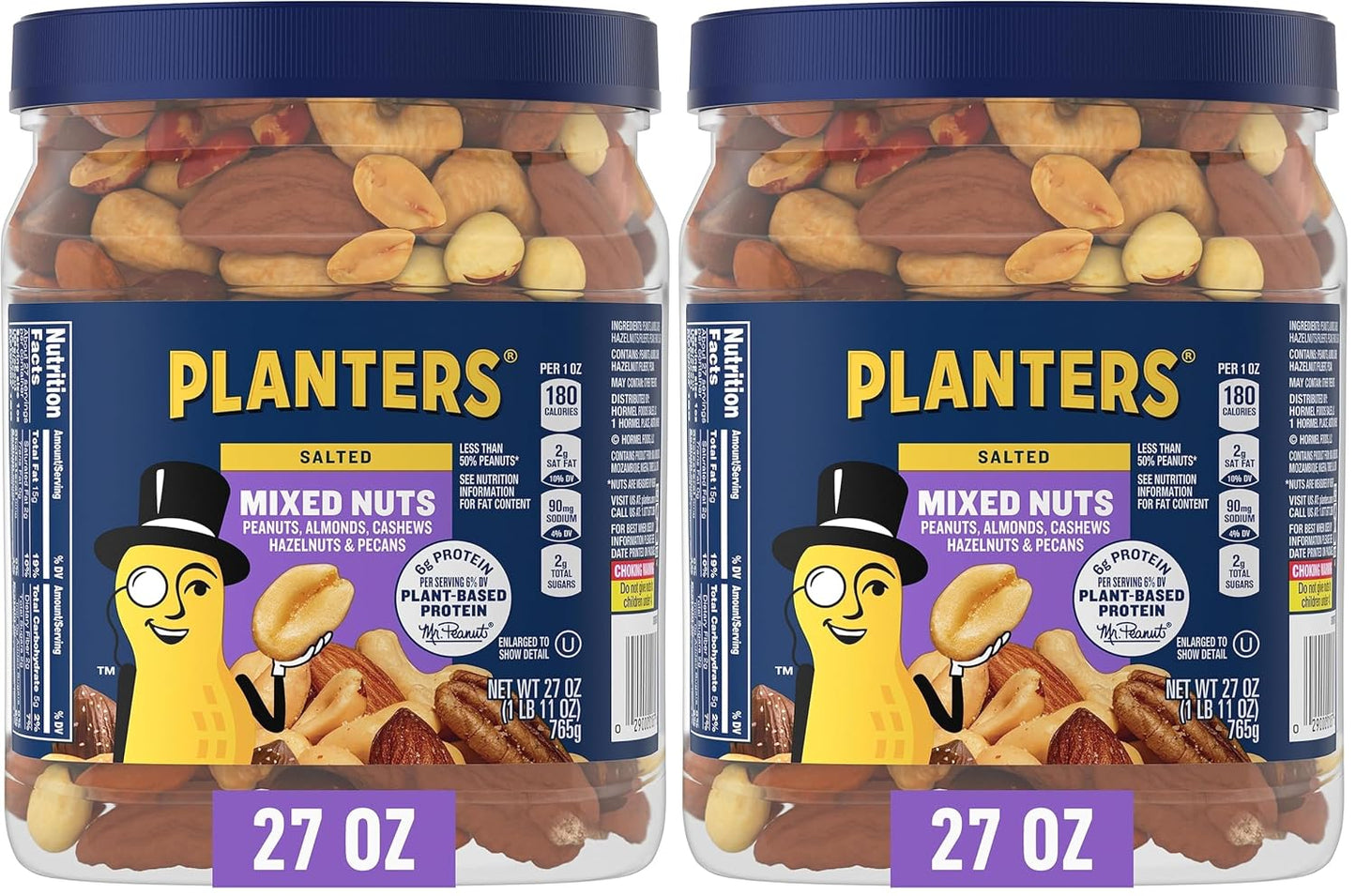 PLANTERS Salted Mixed Nuts, 6g Plant-Based Protein, 56 oz Canister