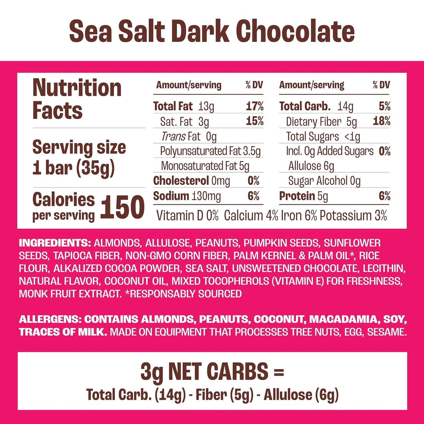 Munk Pack Fiber Nut Bars, Sea Salt Dark Chocolate, Gluten Free, 5g Fiber, 3g Net Carb, 24 Count